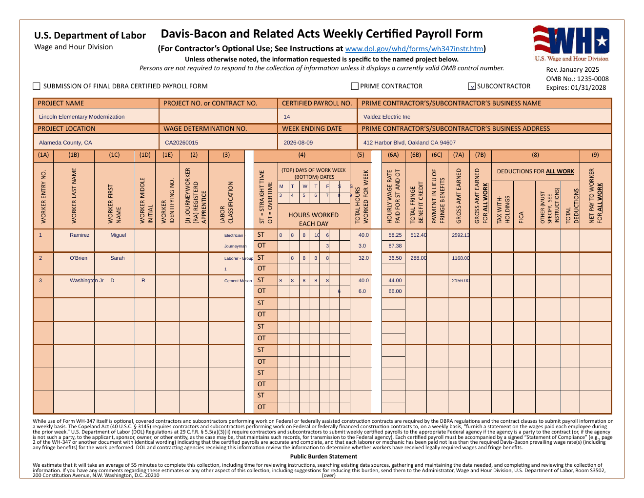 Form WH-347 (Rev. January 2025) filled in — federal certified payroll report